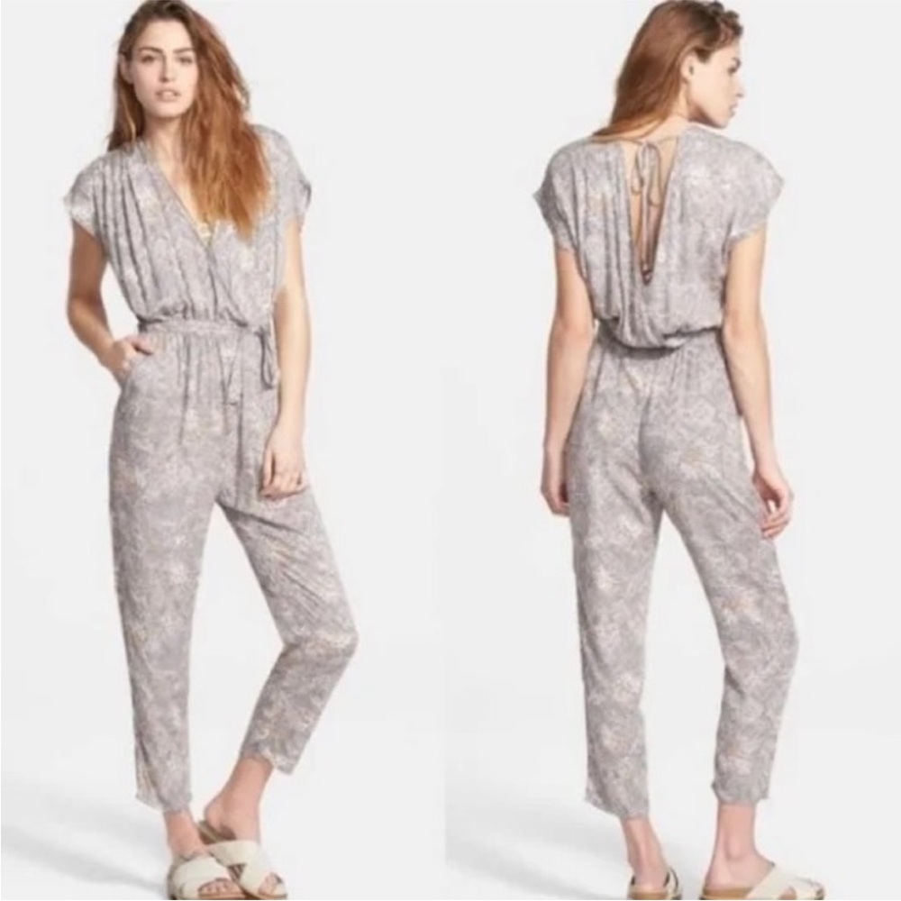 Free People universal surplus Heathered Grey Printed Tie-Waist Jumpsuit Sz M